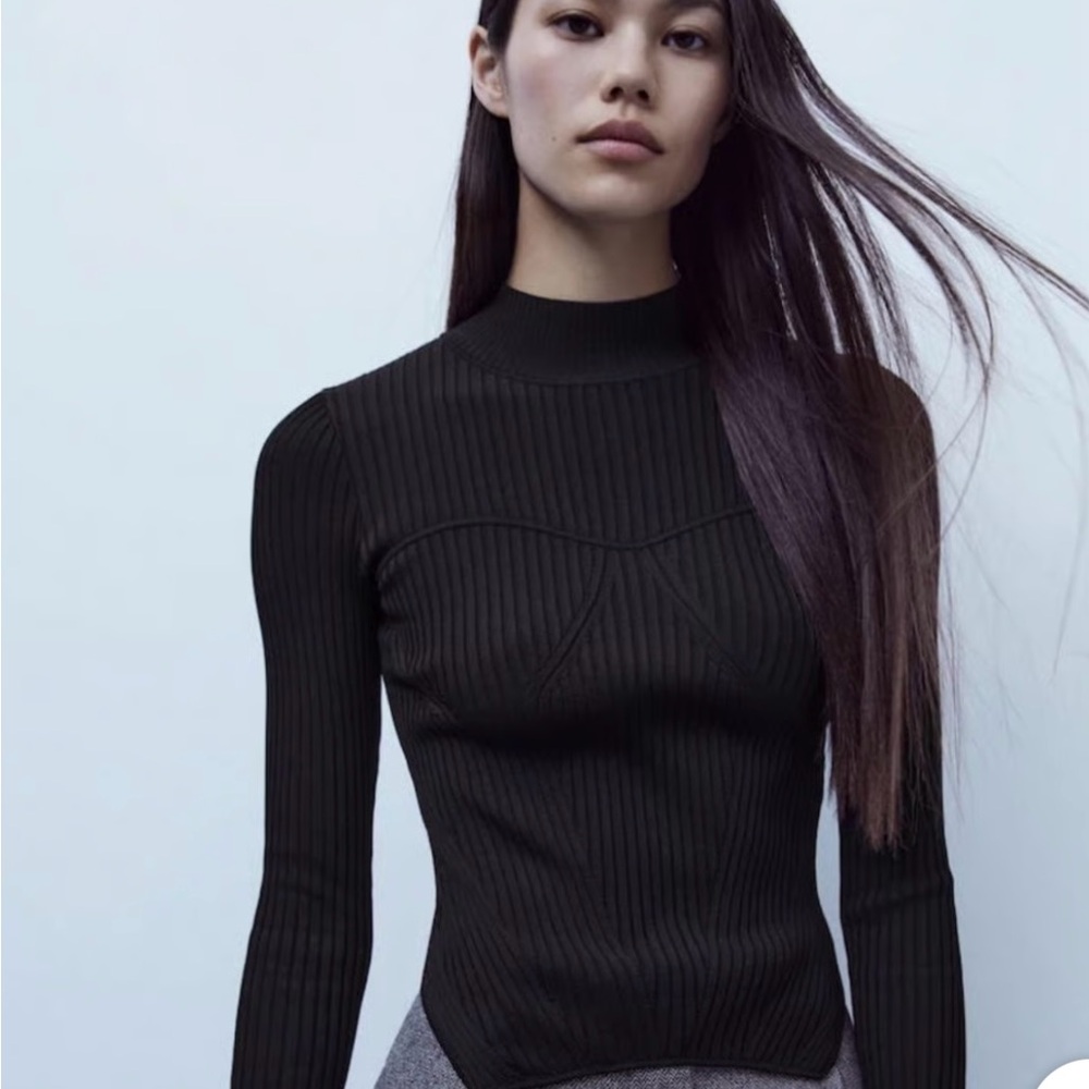 Zara Black Ribbed Long Sleeve Top